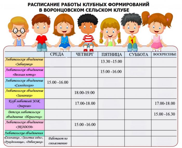 Расписание работы клубных формирований в Воронцовском СК
